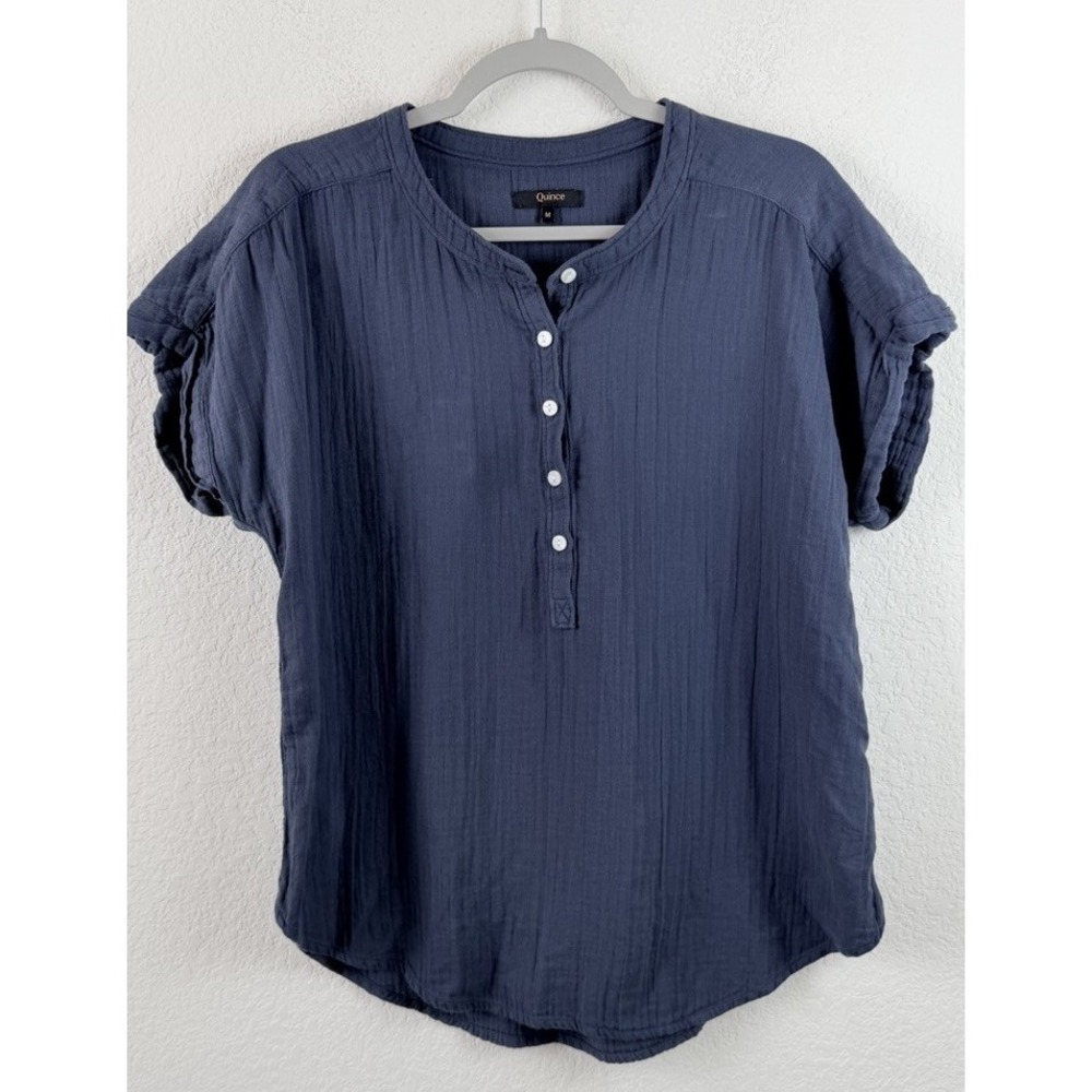 Quince Organic Cotton Double Gauze Henley Top M Navy Blue Relaxed Minimalist